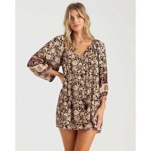 Billabong Gypset Boho Print Mini Dress Western Cowgirl Long Sleeve Black S